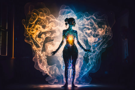 glowing silhouette of human on dark backgroundの素材