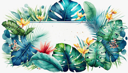 tropical flowers frame on white backgroundの素材