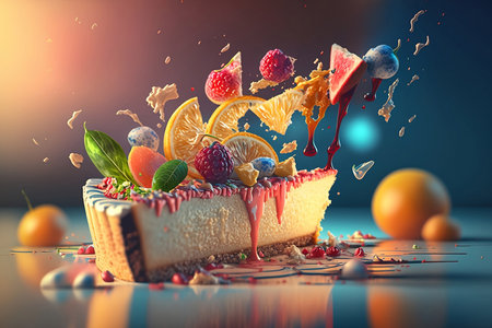cheesecake with pieces of fruit and splashes of sauceの素材