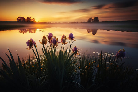lake with irises at dawnの素材