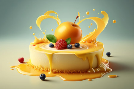 cheesecake with pieces of fruit and splashes of sauceの素材