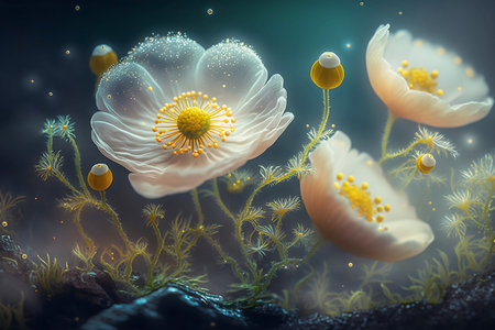 fantasy white anemone flowers in fogの素材
