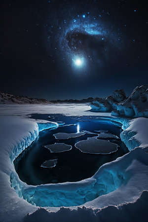 mountain landscape with ice lake at nightの素材