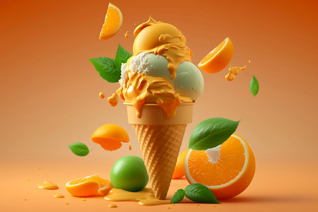 ice cream with fruits on orange backgroundの素材