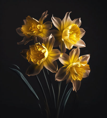 bouquet of yellow daffodils on black backgroundの素材