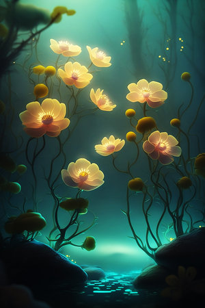 fantasy yellow anemone flowers in blue lightの素材