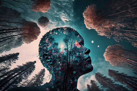 abstract illustration of man profile with forest and blue skyの素材