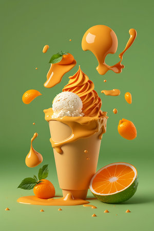 orange ice cream with fruits on green backgroundの素材