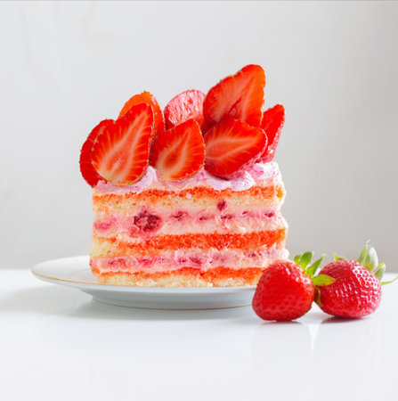 pink strawberry cake on white tableの写真素材