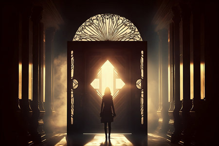 glowing fairytale palace with person's silhouette in soft sunlightの素材