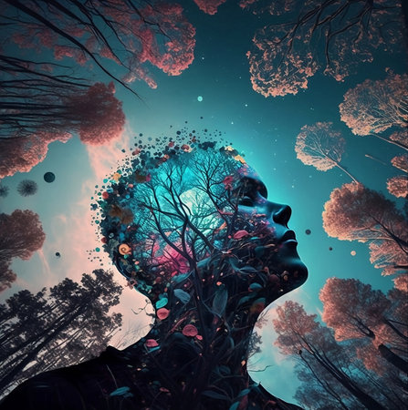 abstract illustration of man profile with forest and blue skyの素材