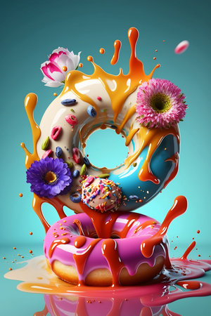 colorful glazed donuts with splashes on blue backgroundの素材