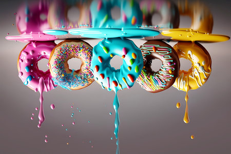 colorful glazed donuts upside down with splashes on gray backgroundの素材