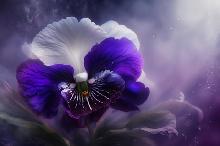 purple and white violet flowers in soft fog close upの素材
