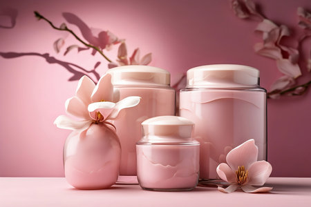 pink jars with cream and magnolia flowers close upの素材