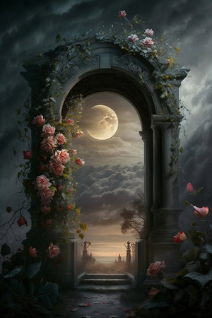 arch with bushes of pink roses with gloomy sky and full moonの素材