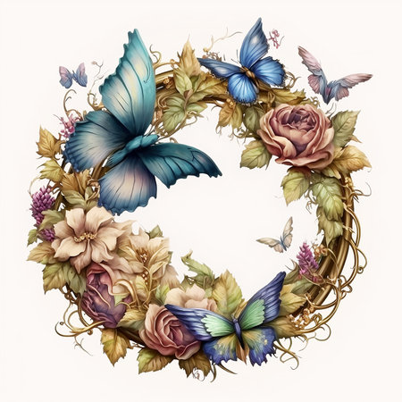 floral wreath with butterflies on white backgroundの素材