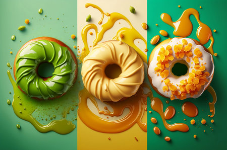 colorful glazed donuts with splashes on green and yellow backgroundの素材