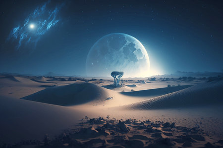 magical deset landscape at night with full moonの素材