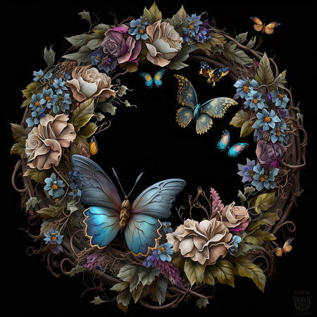 floral wreath with butterflies on black backgroundの素材