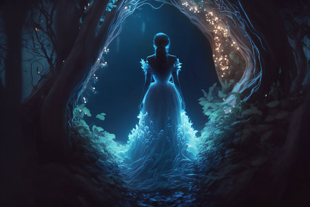 ethereal woman in long dress in fantasy landscapeの素材