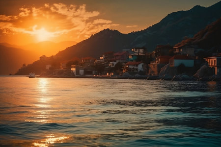 sea and mountains landscape with city at colorful sunsetの素材
