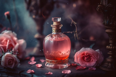 expensive vintage bottle with perfume with pink flowersの素材