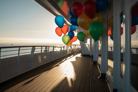 birthday party with balloons on cruise liner deckの素材