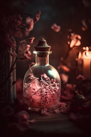 expensive vintage bottle with perfume with pink flowersの素材