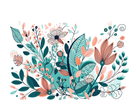 colorful illustration of hand draw wildflowers on white backgroundの素材