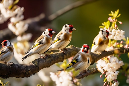 a flock of goldfinches on a blossoming branch of an apple treeの素材