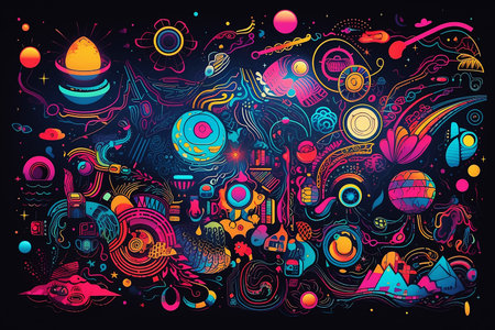 colorful illustration of abstract cosmic space shapes and doodles in neon colors on dark backgroundの素材