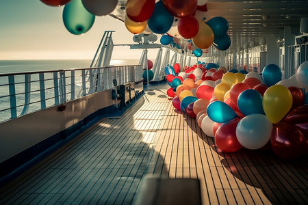 birthday party with balloons on cruise liner deckの素材
