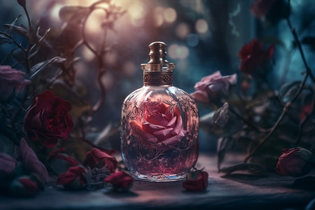 expensive vintage bottle with perfume with pink flowersの素材