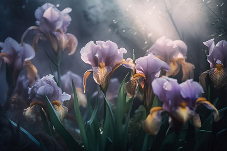 white and violet irises in fog close upの素材