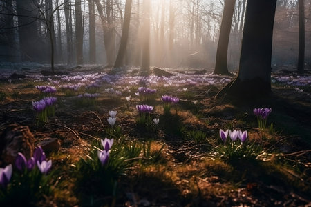 spring forest with blooming flowers in soft sunlightの素材