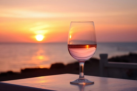 glass of pink wine on table at sunset by seaの素材