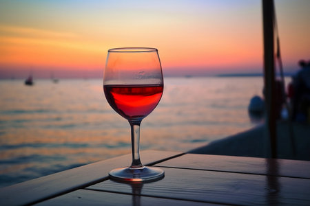 glass of red wine on table at sunset by seaの素材