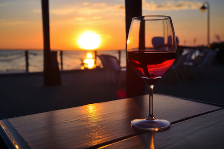 glass of red wine on table at sunset by seaの素材