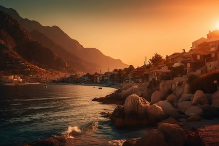 sea and mountains landscape with city at colorful sunsetの素材