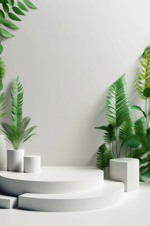 podium platform for products in white color with green plantsの素材