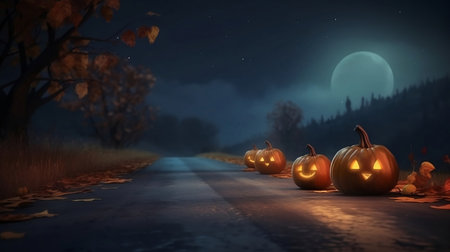 autumn street at night with glowing halloween pumpkinsの素材