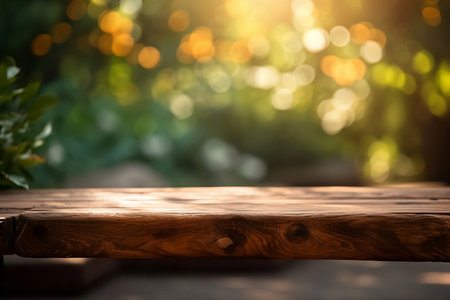 empty wooden surface in summer garden in soft sunlightの素材