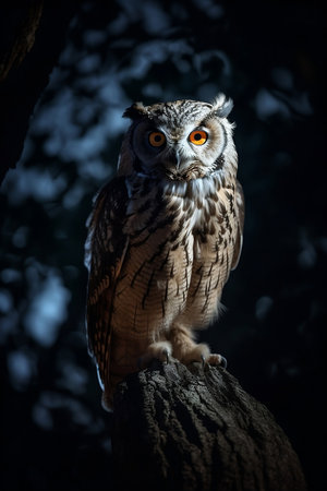 eagle owl in tree branch at nightの素材