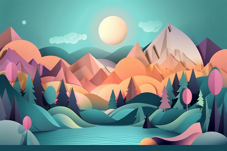 mountains landscape with river in orange and green colorsの素材