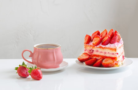 pink cup of coffee and strawberry cake on white backgroundの写真素材