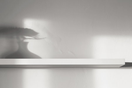 background of wooden shelf on white wall in sunlightの写真素材