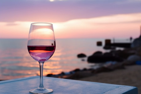 glass of pink wine on table at sunset by seaの素材