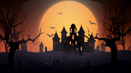 spooky halloween landscape with full moon in orange colorの素材