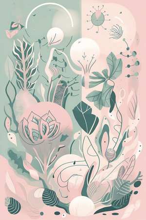 illustration of hand drawn shapes and doodles in pastel pink and green colorsの素材